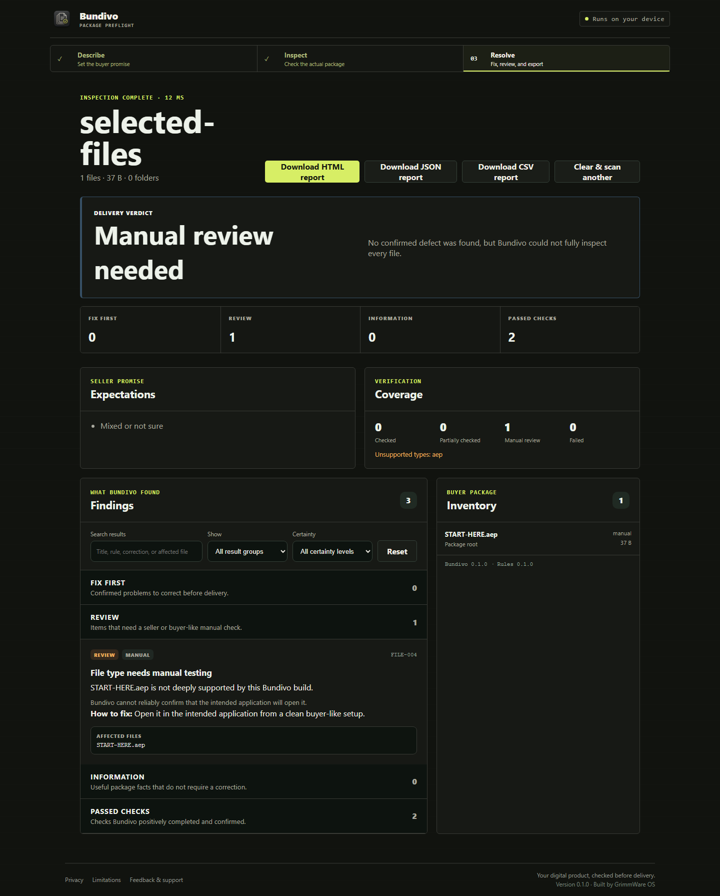 Bundivo inspection results showing manual review evidence and grouped package findings.